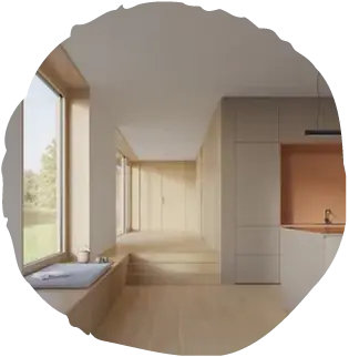 Celkový pohled na prosvětlený interiér s dubovou podlahou Oakcent Sand, kde nadčasová kombinace dřeva, světla a minimalistického nábytku vytváří prostor, který nezevšední.