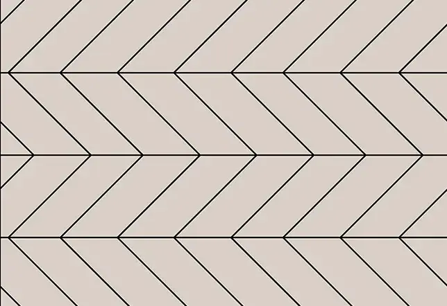Grafické schéma ušlechtilého vzoru podlahy Chevron, znázorňující precizní sesazení zkosených prken do tvaru šípu s průběžnou středovou osou.