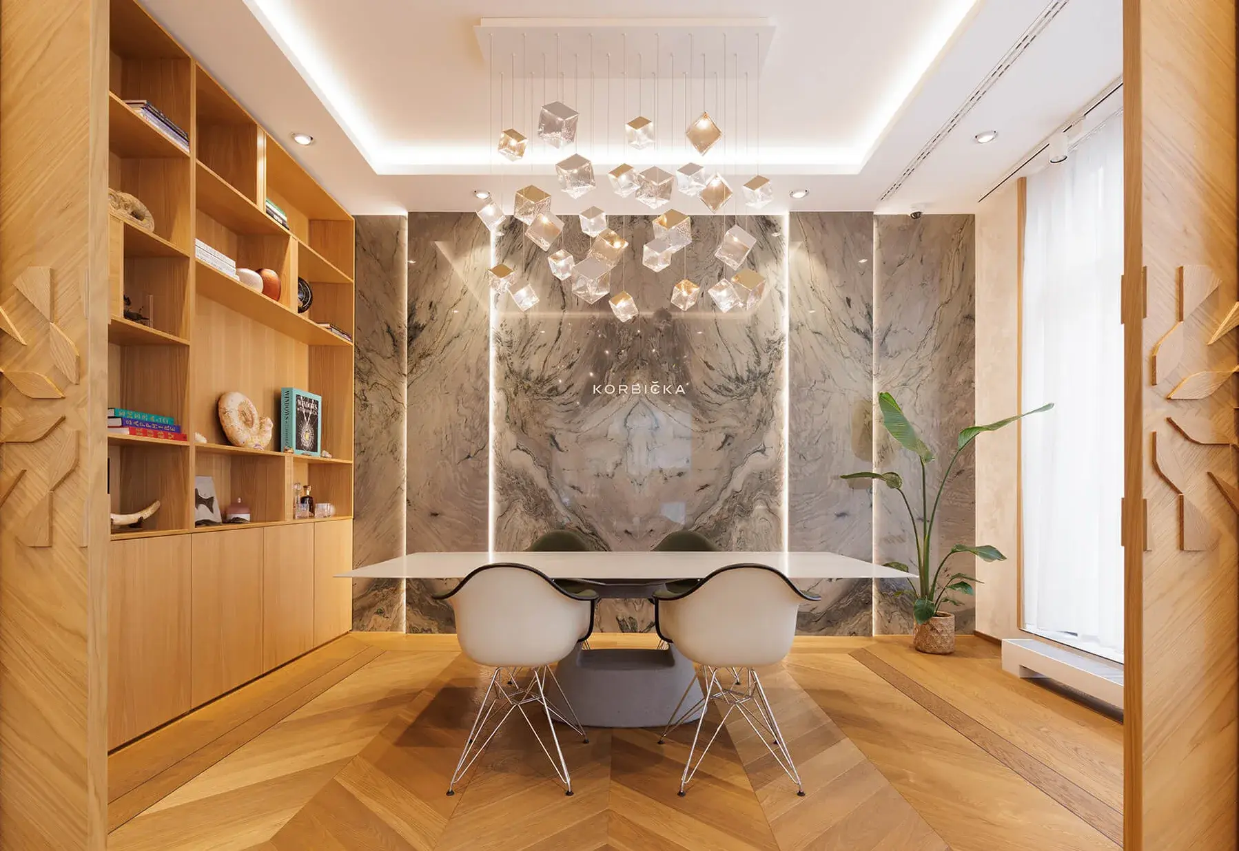 Luxusní a reprezentativní interiér s dubovou podlahou ve vzoru francouzské rybí kosti (Chevron) v přírodním odstínu, doplněný mramorovým obložením stěn, designovým osvětlením a nábytkem na míru.
