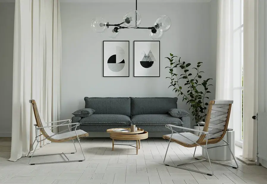 Luxusní obývací pokoj v minimalistickém stylu s tmavou podlahou ve vzoru Dice, designovou světlou pohovkou, uměleckými obrazy a texturovanou stěnou.